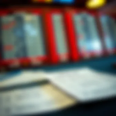 Close-up of betting slips and odds board