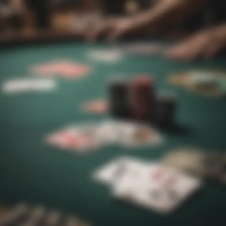 Close-up of a poker table with cards and chips