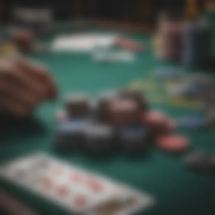 Close-up of poker chips and cards arranged on a table