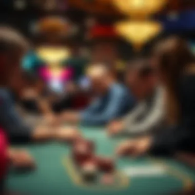 A close-up of a poker table with focused players engaged in a game