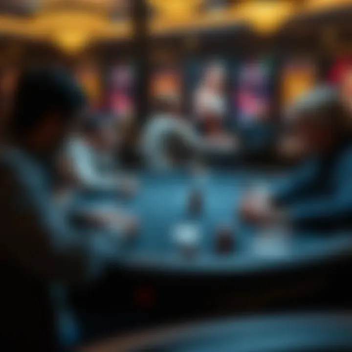 A lively three card poker table with players engaged in a game