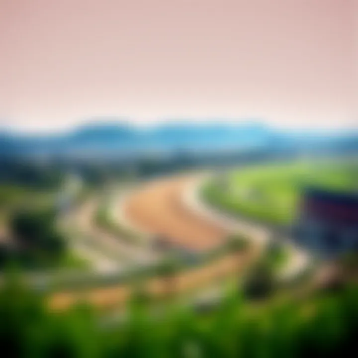 A panoramic view of a famous horse racing track in California with lush green surroundings