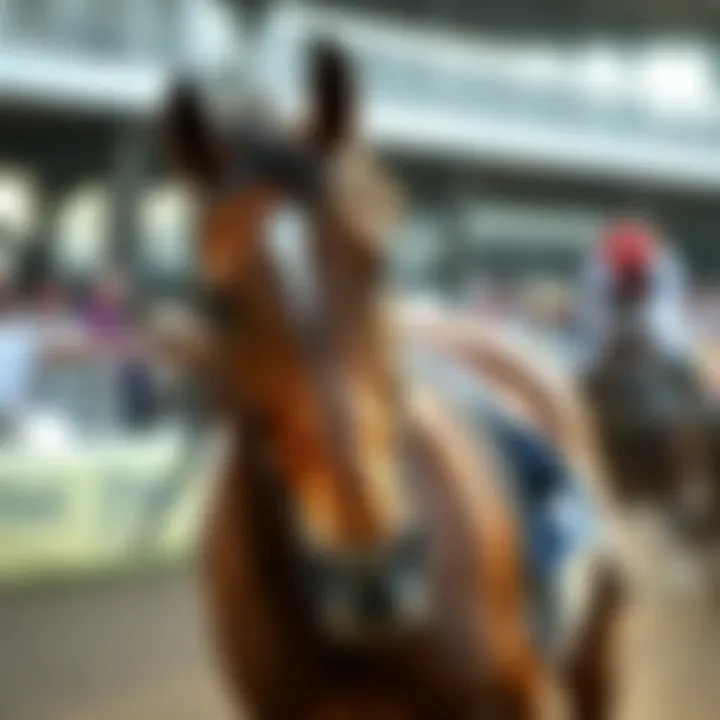 A close-up of a thoroughbred horse galloping during a race event