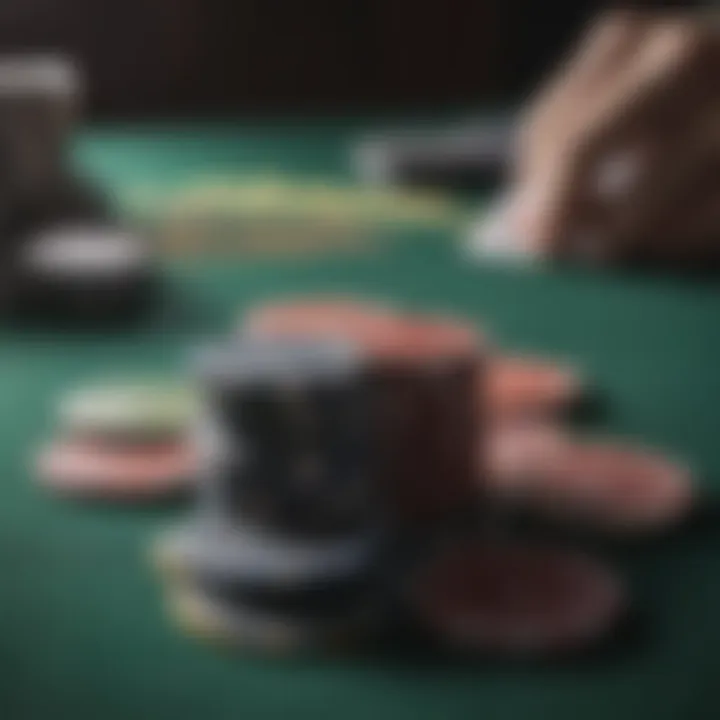 Close-up of poker chips and cards on a tournament table