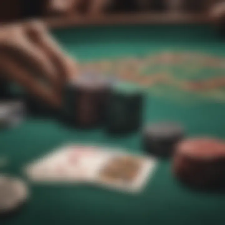 Close-up of a poker table with cards and chips, highlighting strategic gameplay.