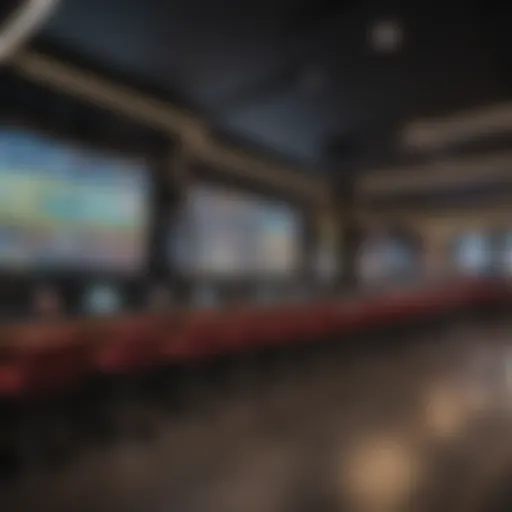 Interior of a modern sportsbook showcasing screens and betting kiosks