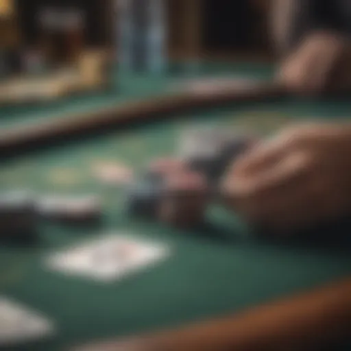 Close-up of a poker table with chips and cards