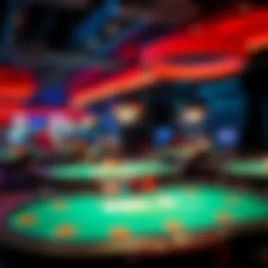 A vibrant casino environment showcasing multiple poker tables.