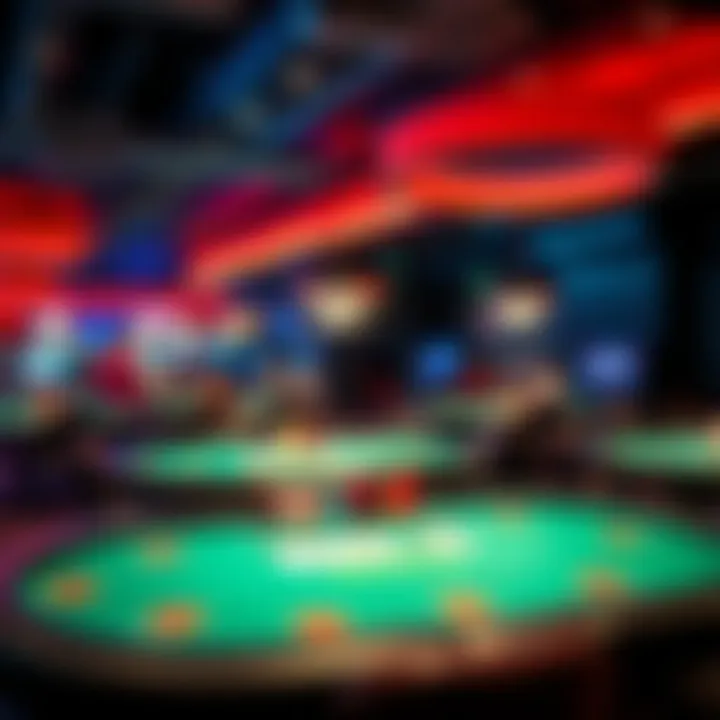 A vibrant casino environment showcasing multiple poker tables.