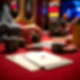 A close-up view of poker chips and cards laid out on a felt table.