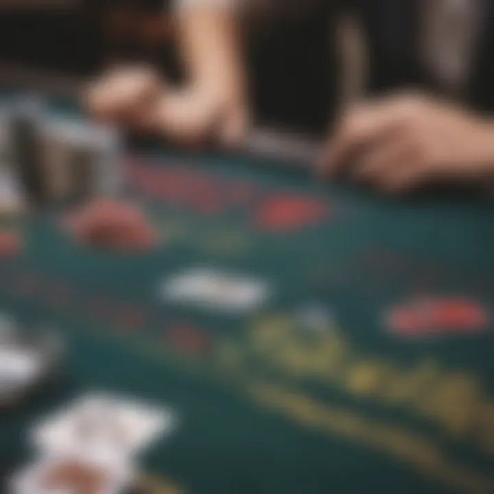 Close-up of a blackjack table setup with cards and chips