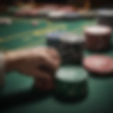 Close-up of poker chips and cards in an intense game