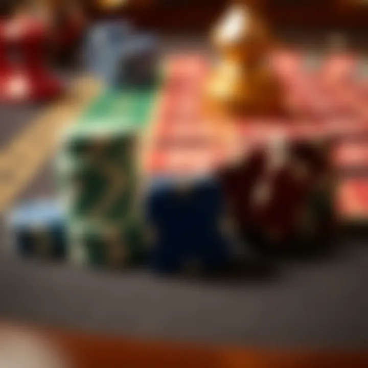 Close-up of betting chips on a roulette table highlighting various denominations