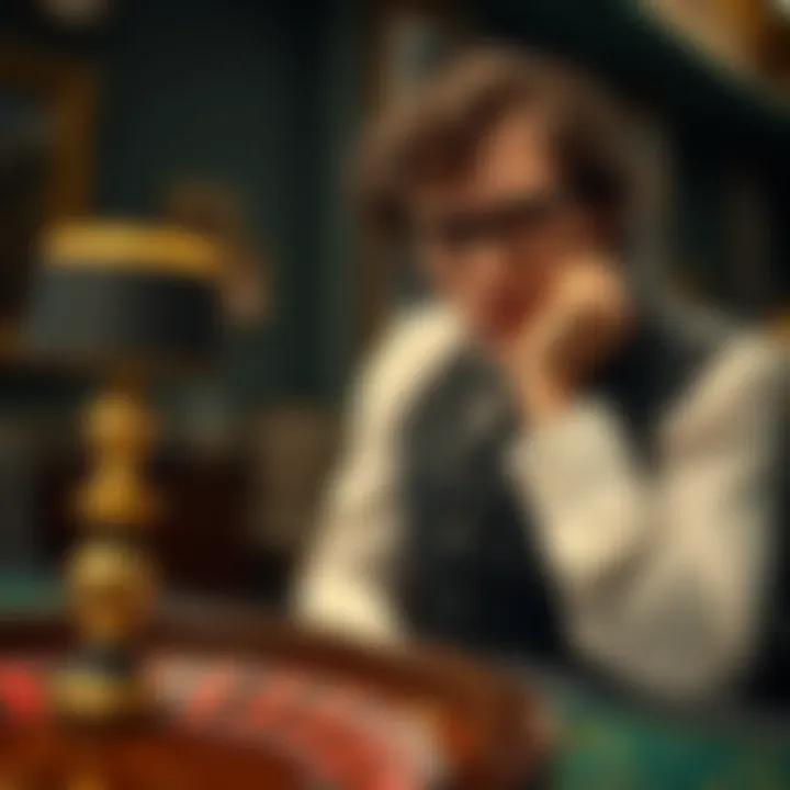 An elegant, thoughtful individual analyzing a roulette table and considering betting strategies