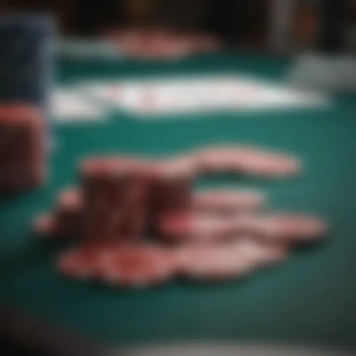 Close-up of poker chips and cards on a table during a game