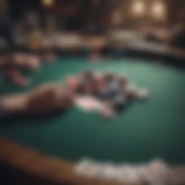 A strategic poker table setup featuring cards and chips