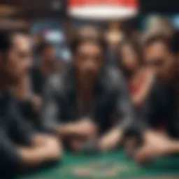 A crowded poker table with focused players