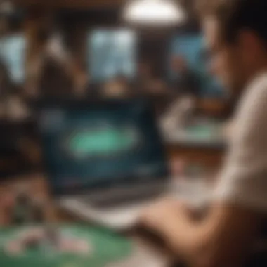 A player reviewing poker strategies on a laptop