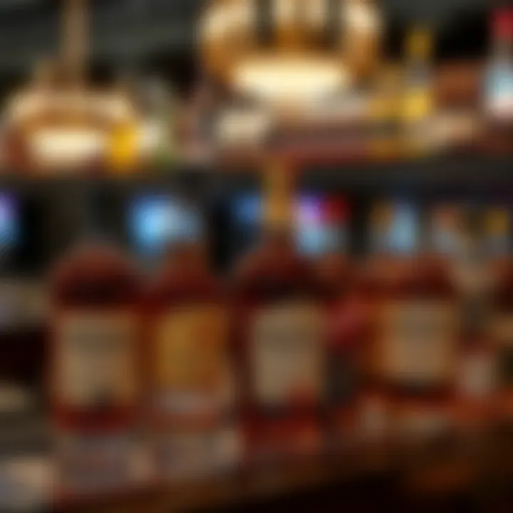 Whiskey bottles displayed on a casino shelf